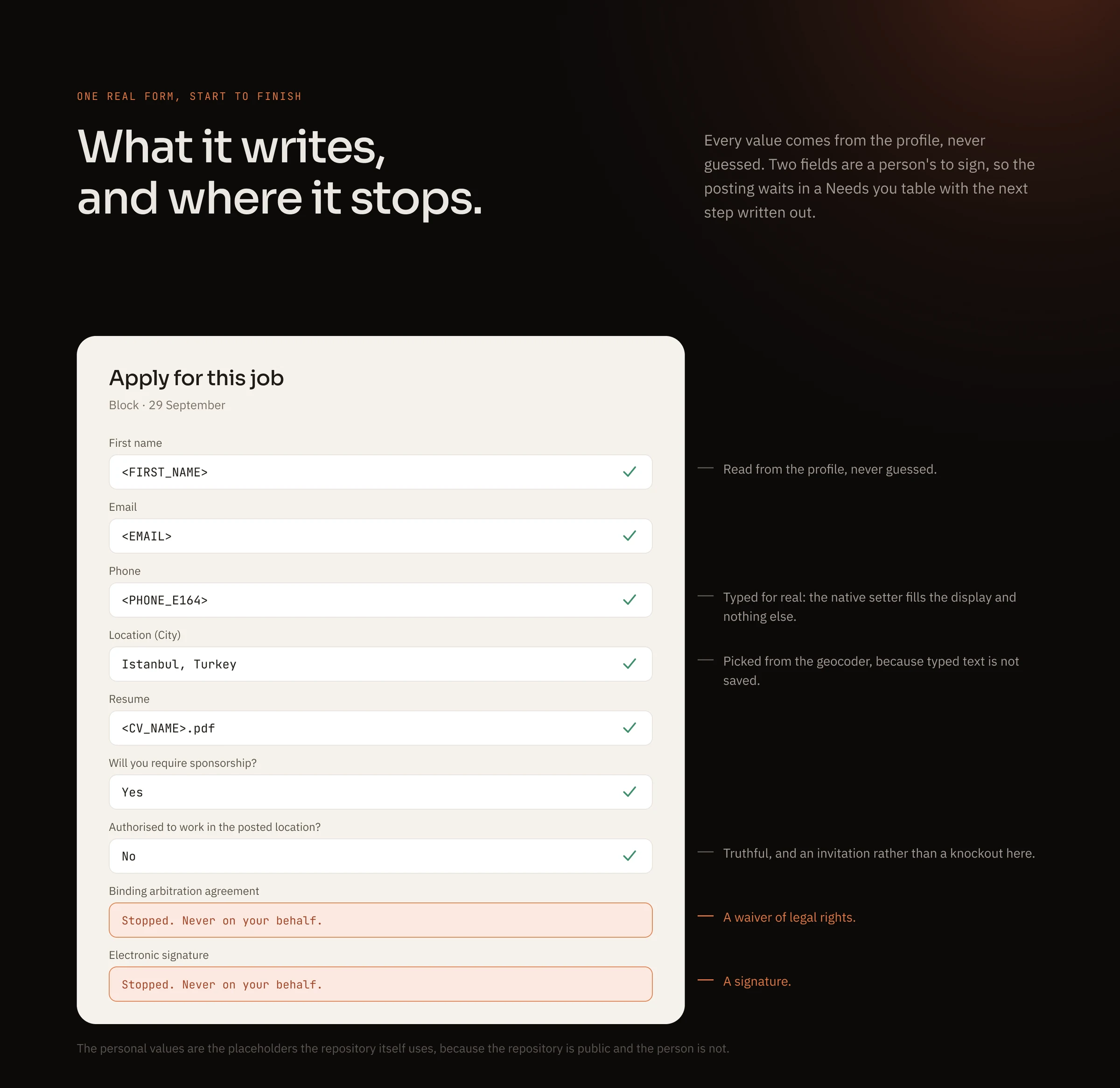 A real application form as the agent fills it: seven fields filled from the profile and two, an arbitration agreement and a signature, stopped