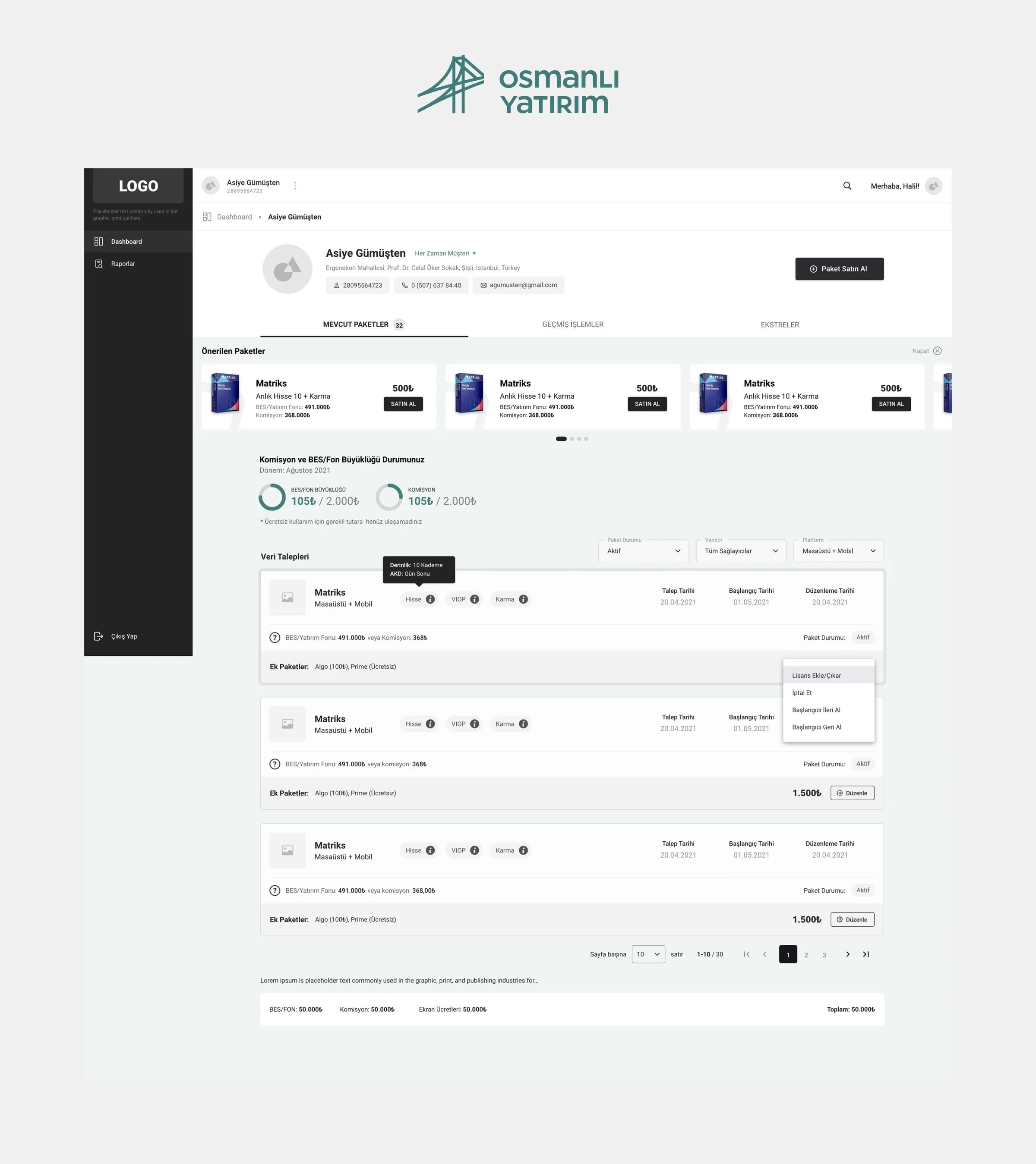 Customer dashboard