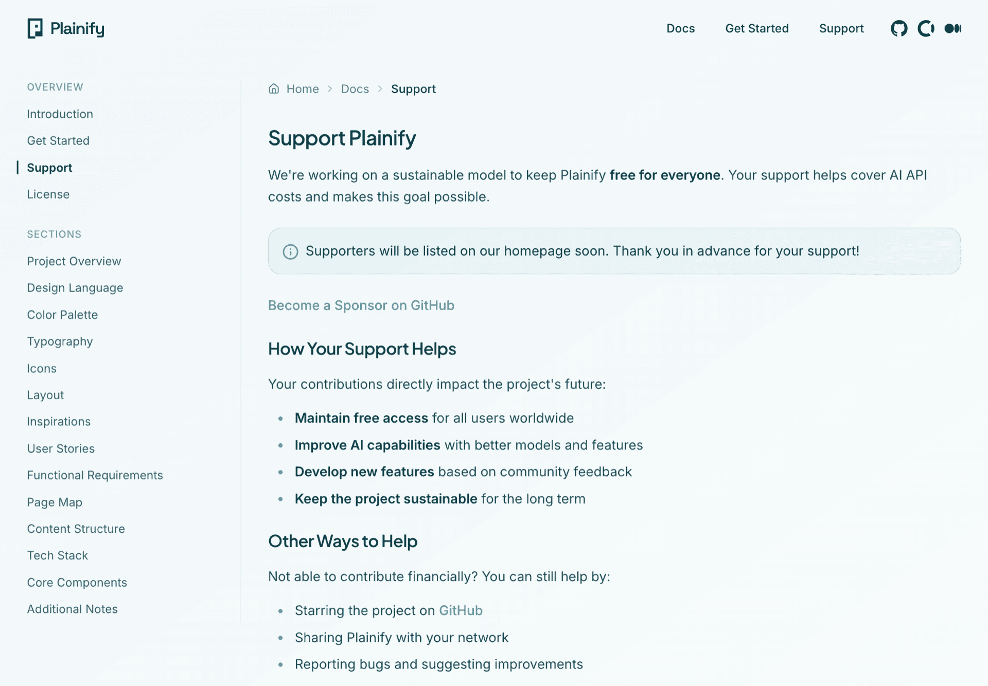 Documentation and support page