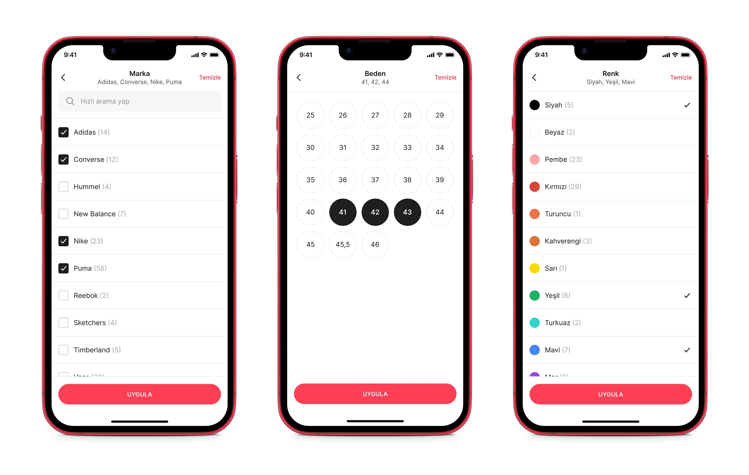 Brand, size, and color filter designs
