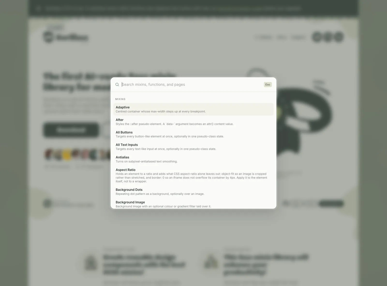 The site's search command palette