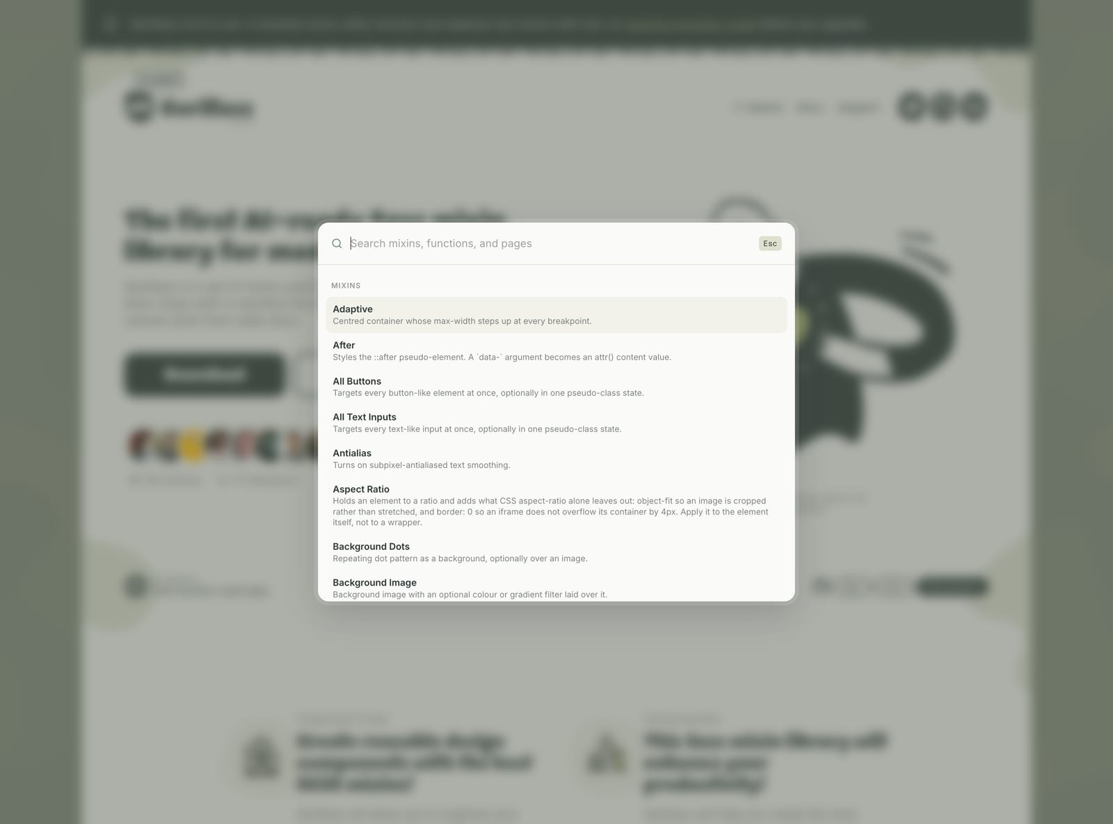 The site's search command palette