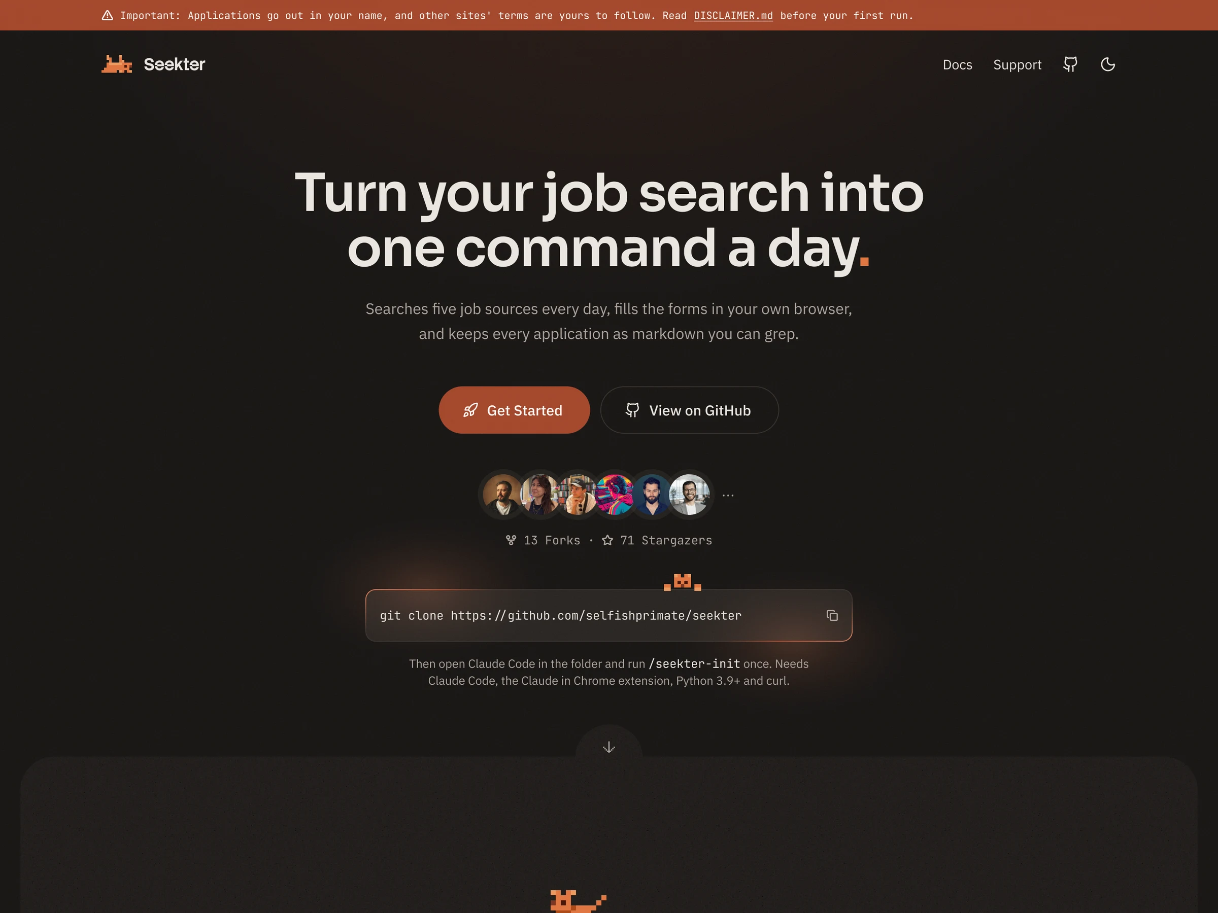 The Seekter site two weeks later, the hero on the page and the content on one rounded sheet