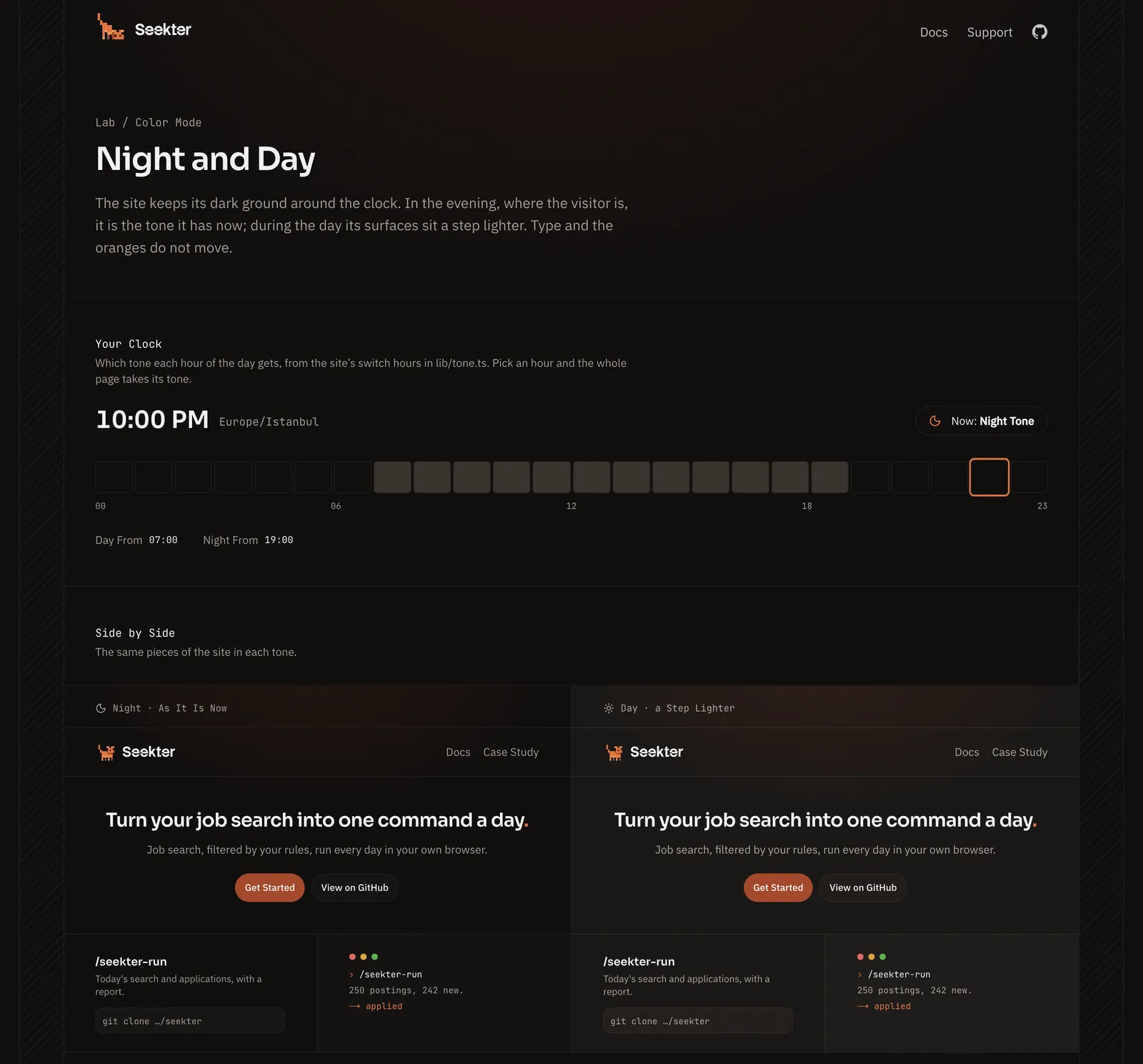 The color mode lab page with the hour strip and the two tones side by side