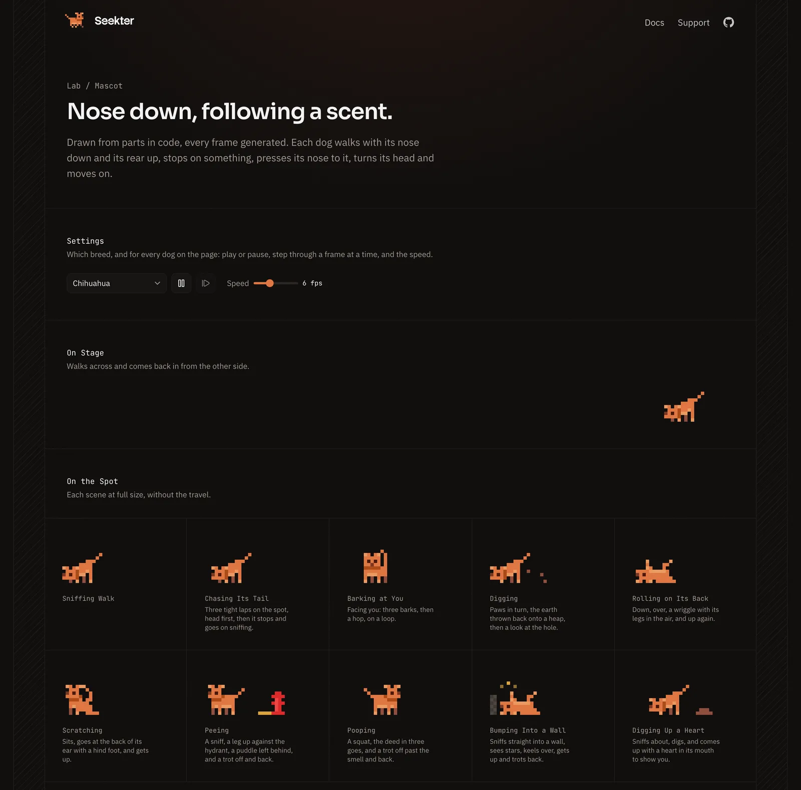 The mascot lab page with its settings, the stage and the grid of scenes