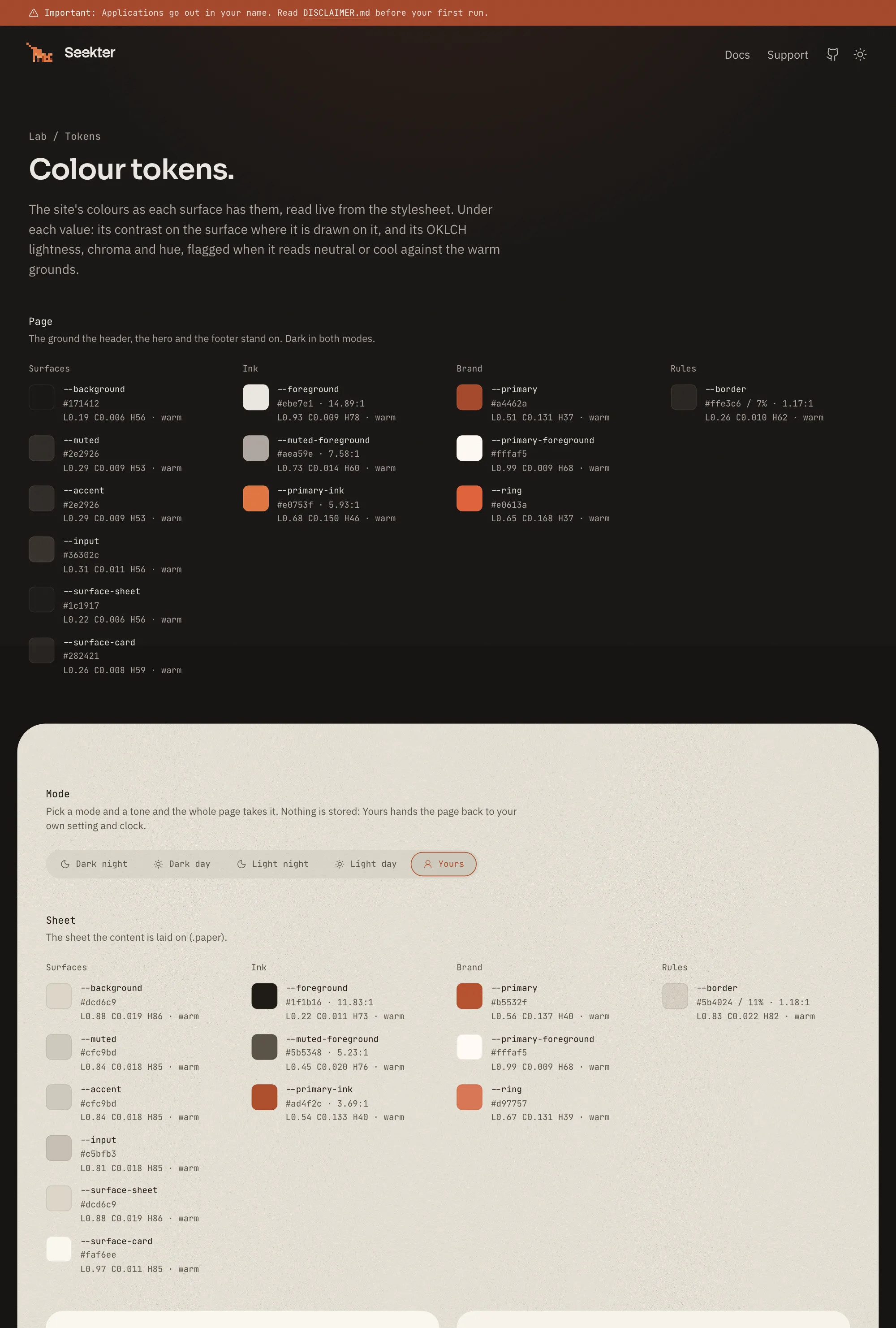 The tokens lab showing the colour tokens of the page and the light sheet with values, contrast and hue
