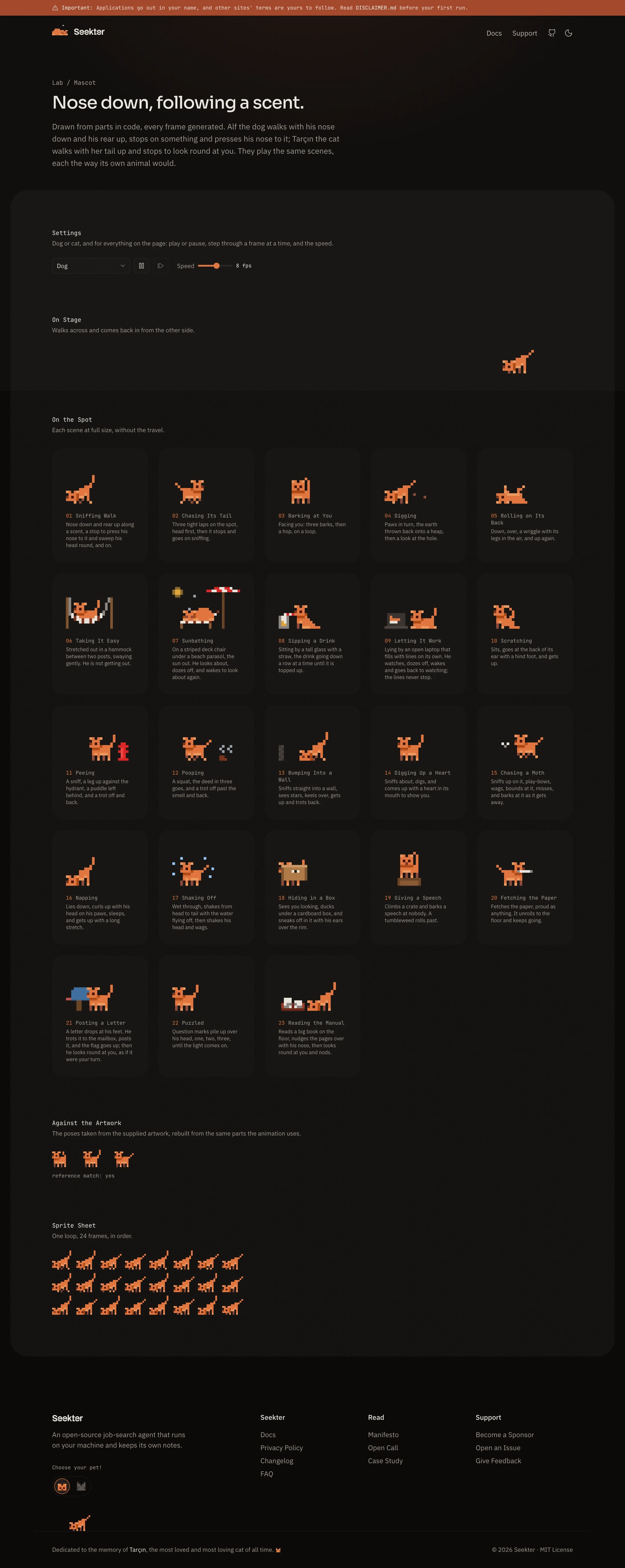 The Seekter mascot lab page in dark mode, every pet on it playing