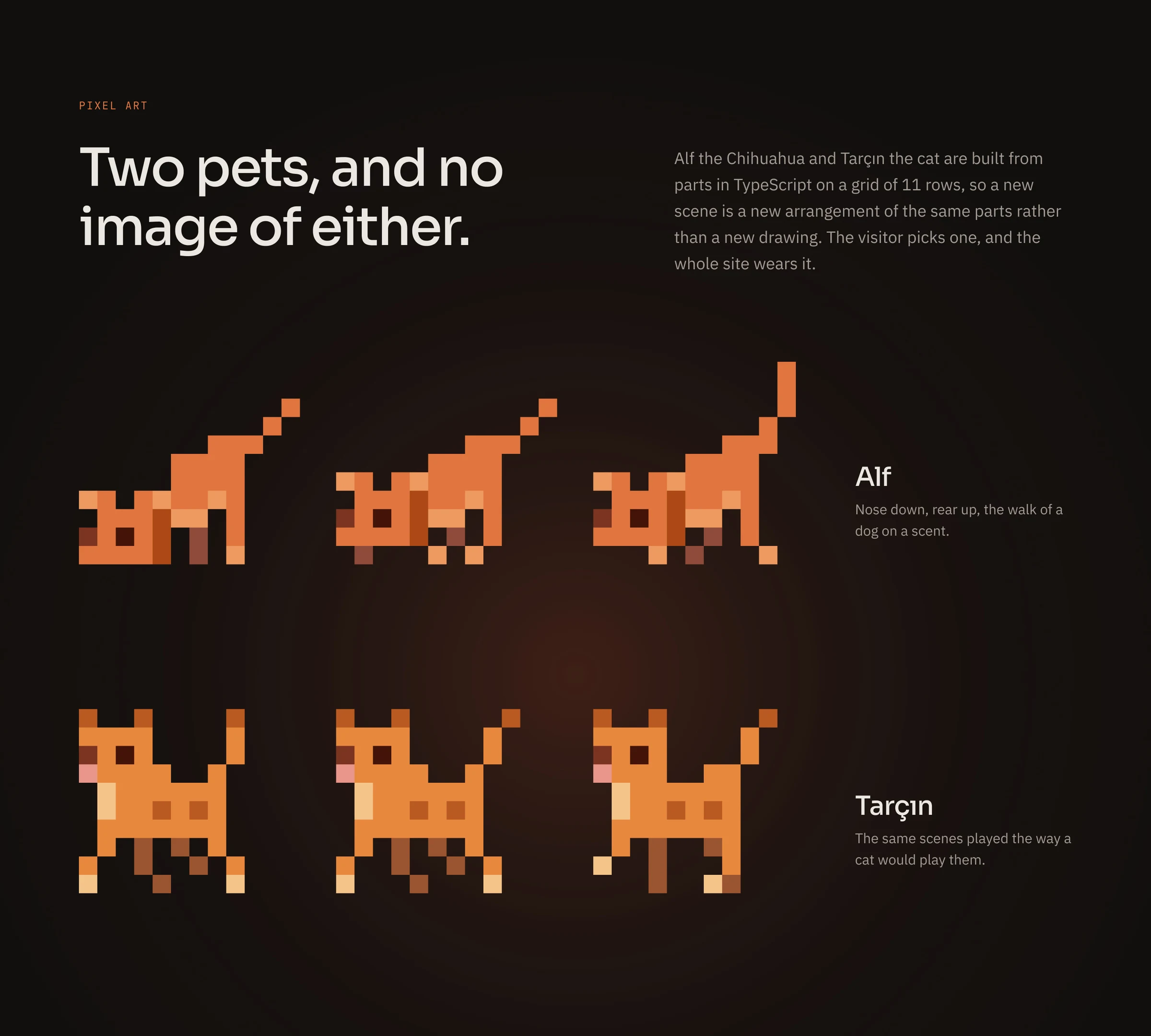 Alf the Chihuahua and Tarçın the cat in pixel art, three walking poses each