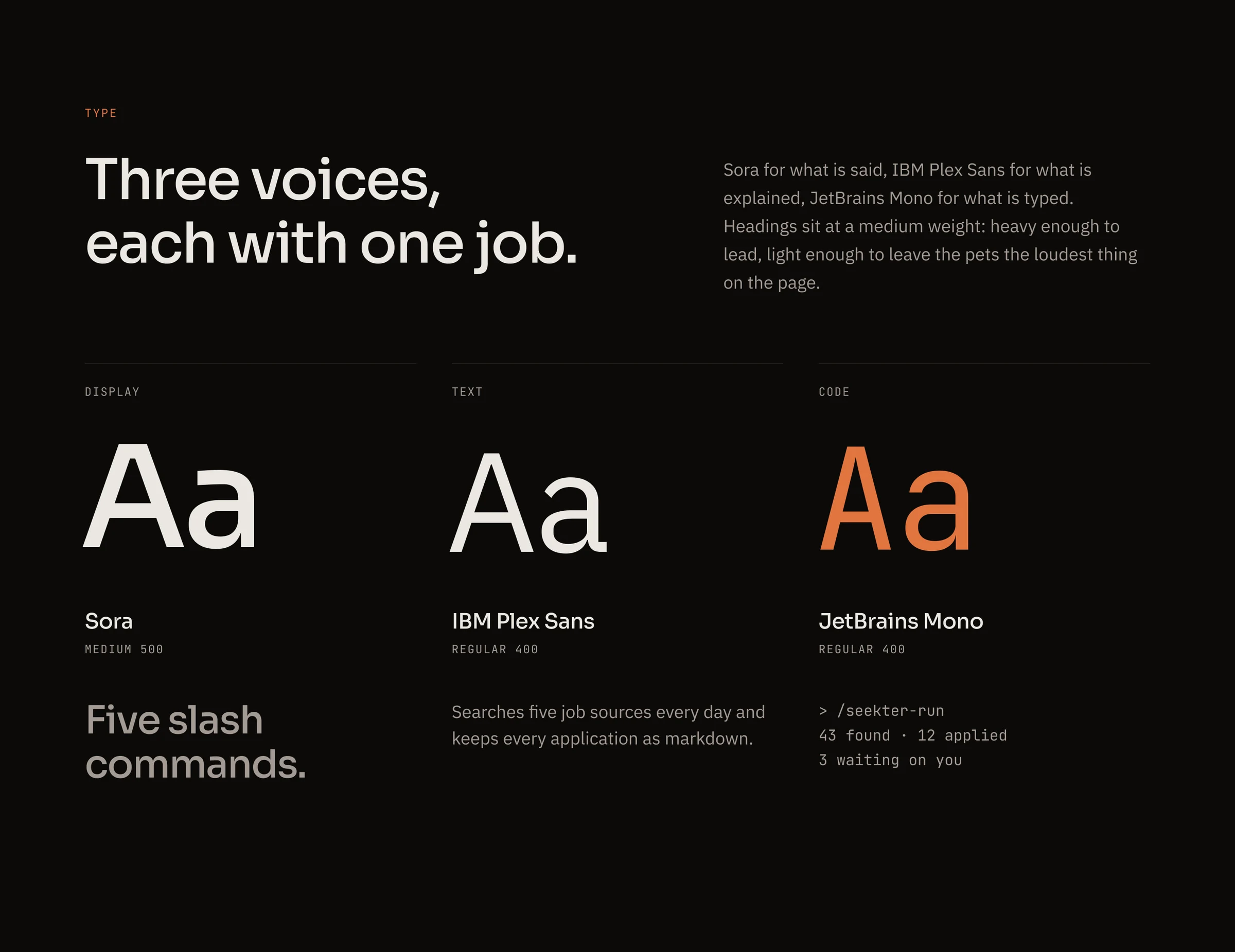 Sora, IBM Plex Sans and JetBrains Mono, each with a sample of the job it does on the site