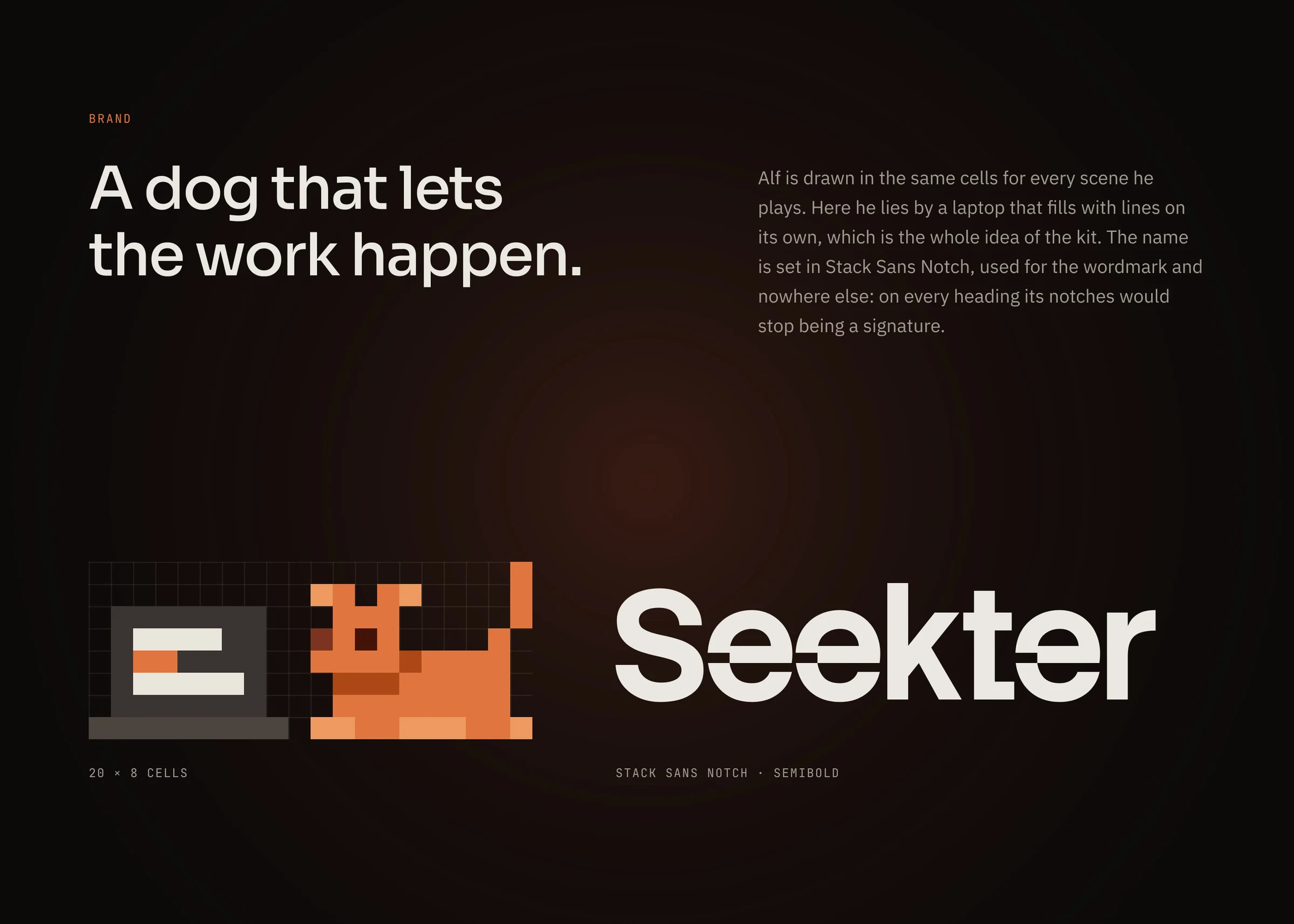 Alf lying by a laptop on a pixel grid beside the Seekter wordmark