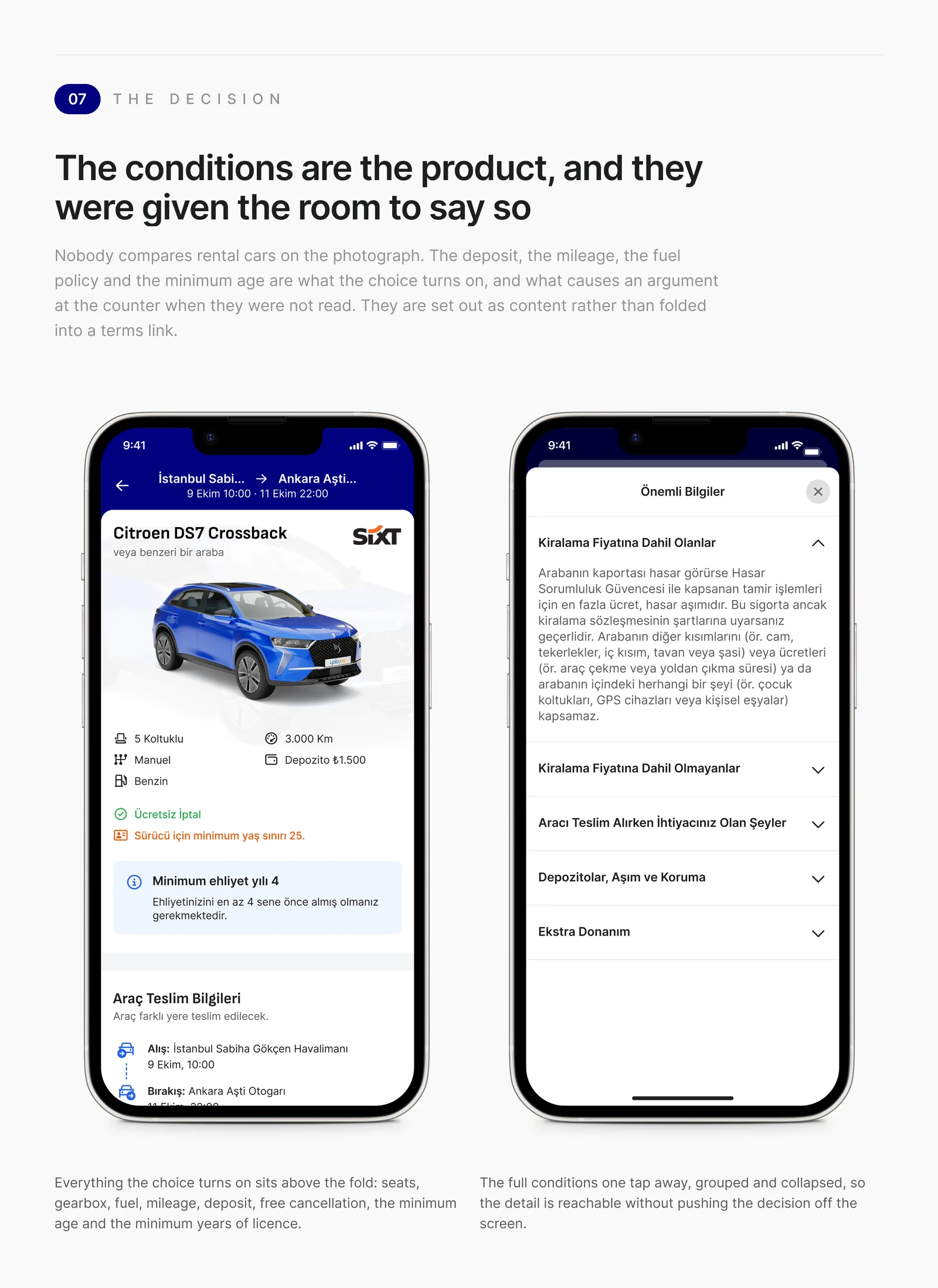 Vehicle details and rental conditions