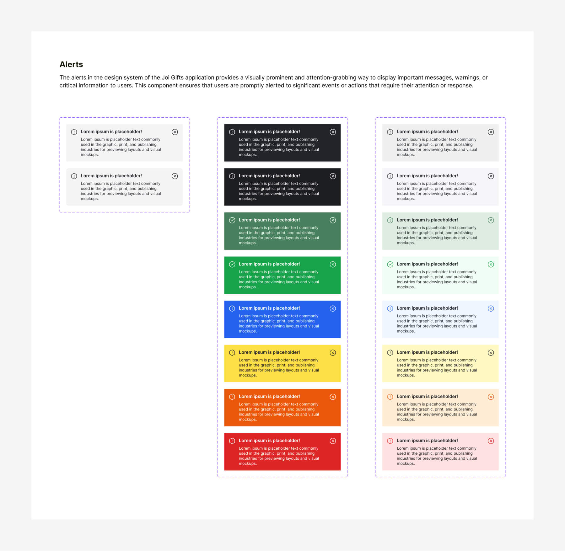 The alerts in the design system of the Joi Gifts application provides a visually prominent and attention-grabbing way to display important messages, warnings, or critical information to users.