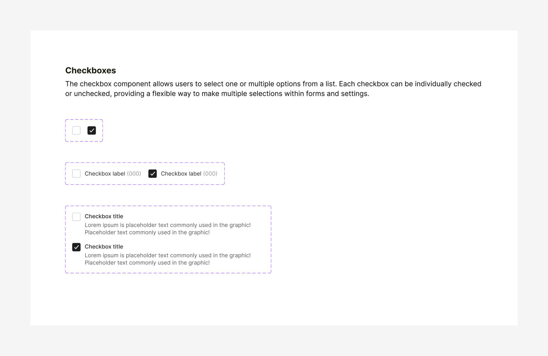 The checkbox component allows users to select one or multiple options from a list. Each checkbox can be individually checked or unchecked, providing a flexible way to make multiple selections within forms and settings.