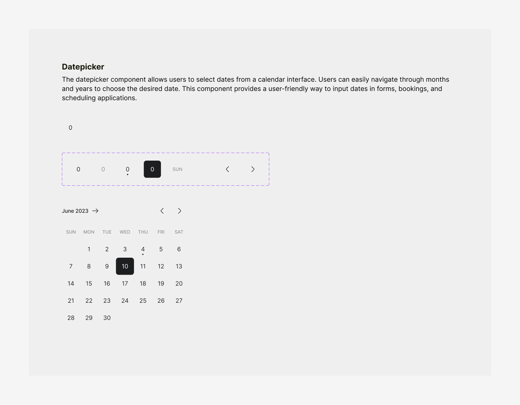 The datepicker component allows users to select dates from a calendar interface. Users can easily navigate through months and years to choose the desired date.