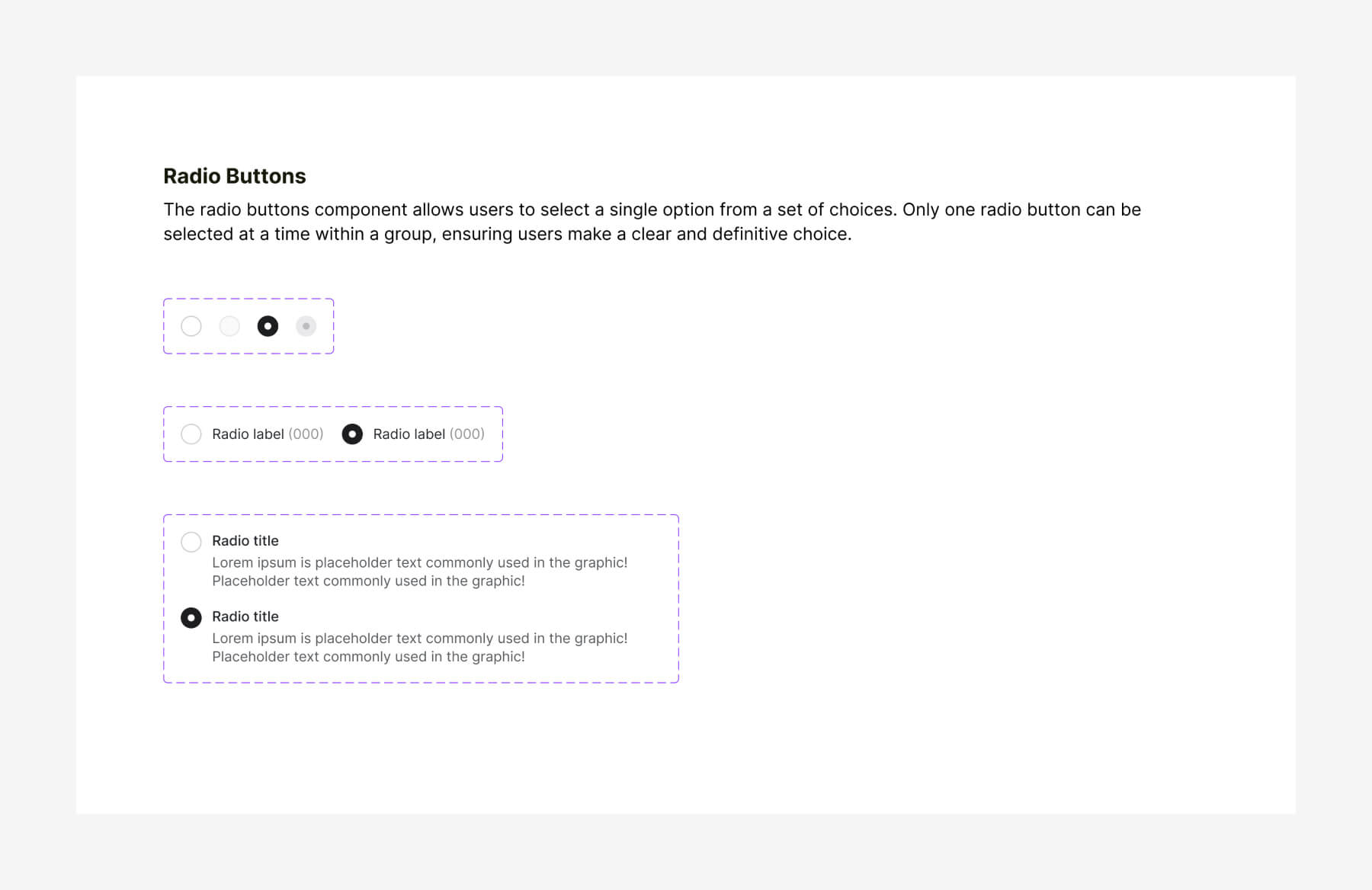 The radio buttons component allows users to select a single option from a set of choices. Only one radio button can be selected at a time within a group, ensuring users make a clear and definitive choice.