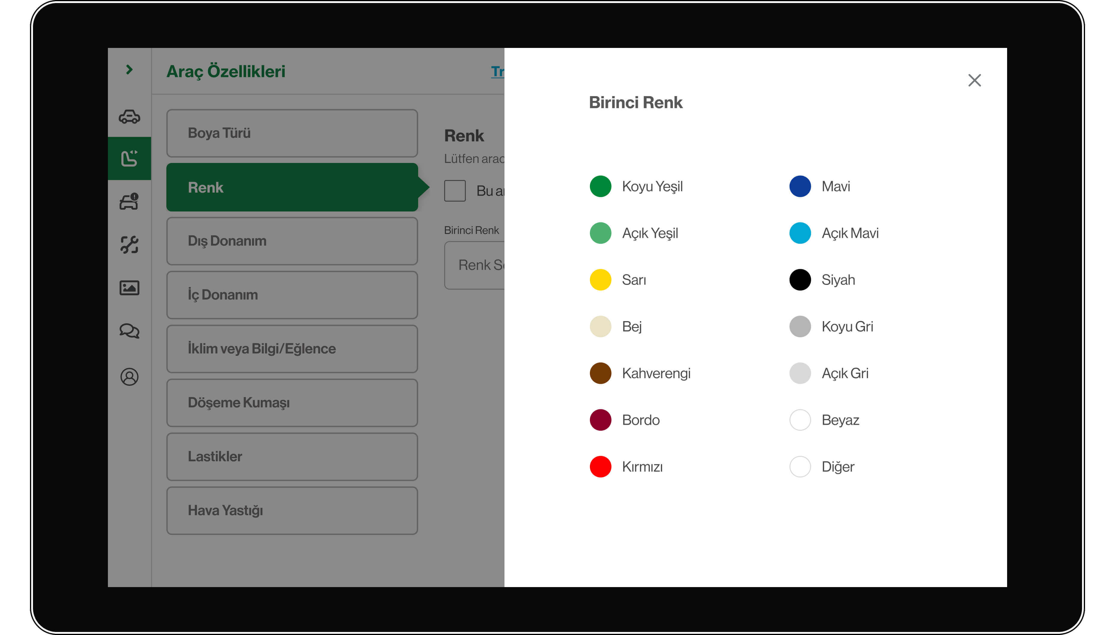 For the vehicle color selection screen, to avoid any usability issues, I&rsquo;ve included both clear color labels and color boxes to support inspectors with visual impairments such as color blindness.