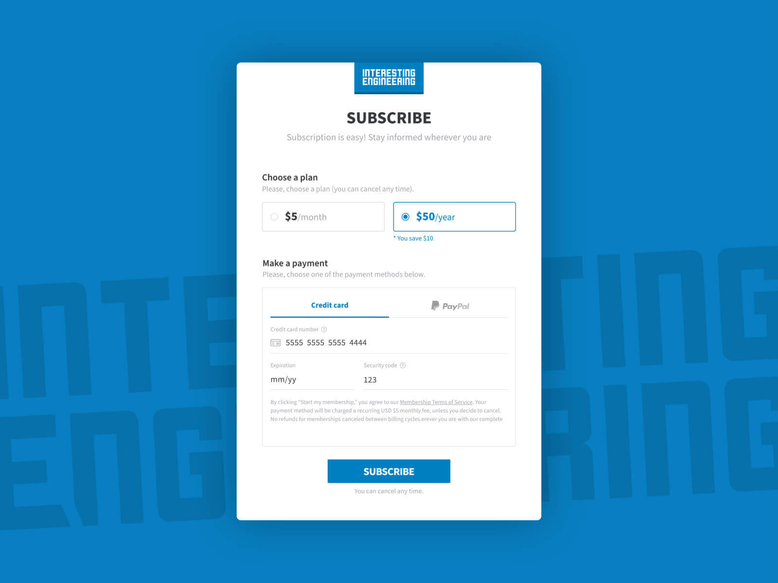 a paywall UI design for Interesting Engineering.