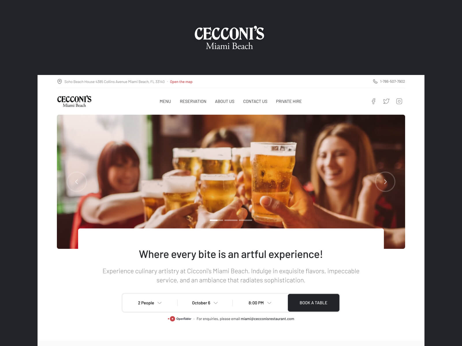 Redesigned the desktop version of Cecconi's Miami Beach website with a focus on enhancing user engagement and providing a seamless browsing experience. Key pages revamped include the Home, About Us, and Reservation pages, with specific attention to improving visual appeal, usability, and functionality.