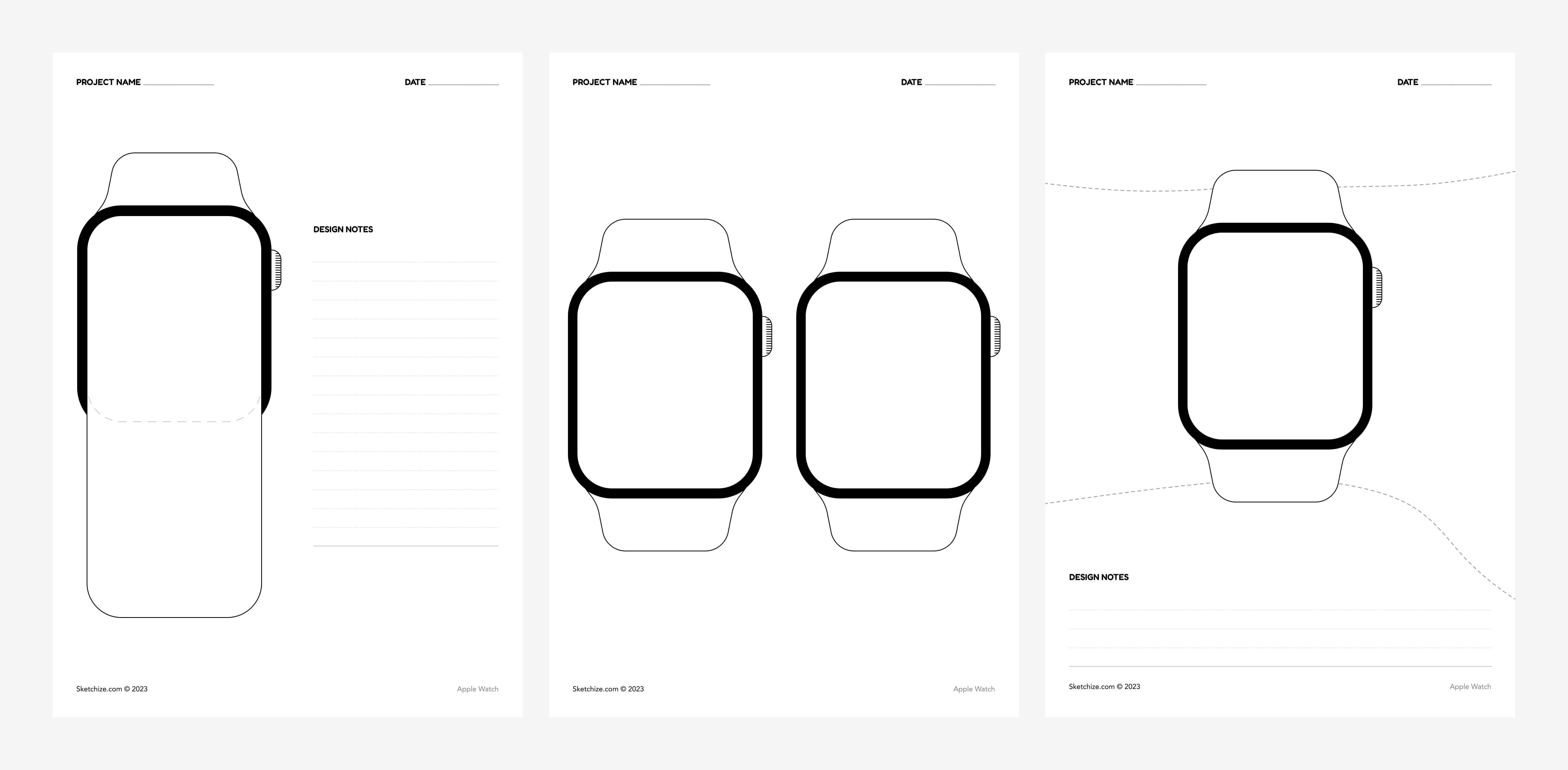 A range of Apple Watch wireframe templates enables designers to envision and sketch various scenarios.